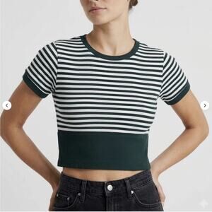 OFFLINE by Aerie Women's Green And White Striped Seamless Cropped T-Shirt Size M